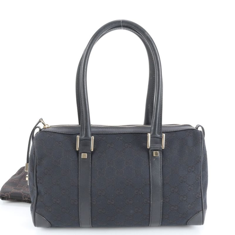 Gucci GG Canvas Mini Boston Leather Handbag Tote 000 0851 Black Gold Hardware