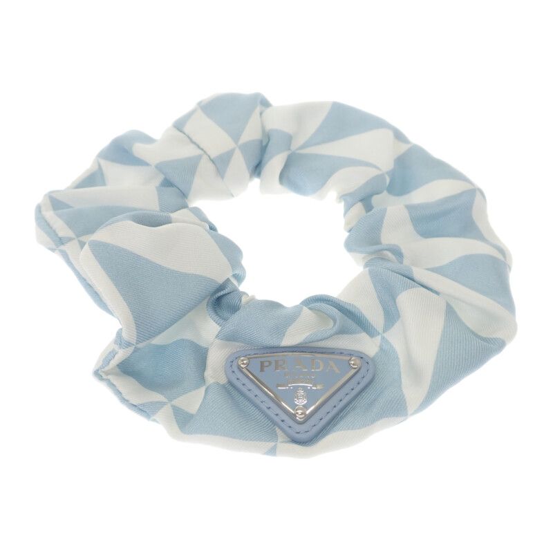 Prada Triangle Logo Chou 1if015_2dtp_f0x24 Hair Accessory Silk Blue White