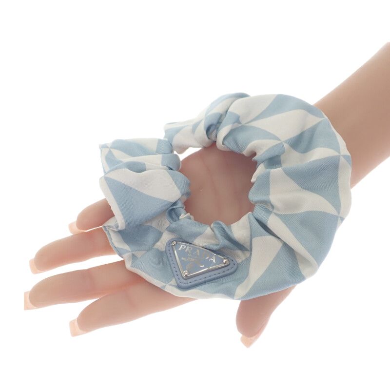 Prada Triangle Logo Chou 1if015_2dtp_f0x24 Hair Accessory Silk Blue White