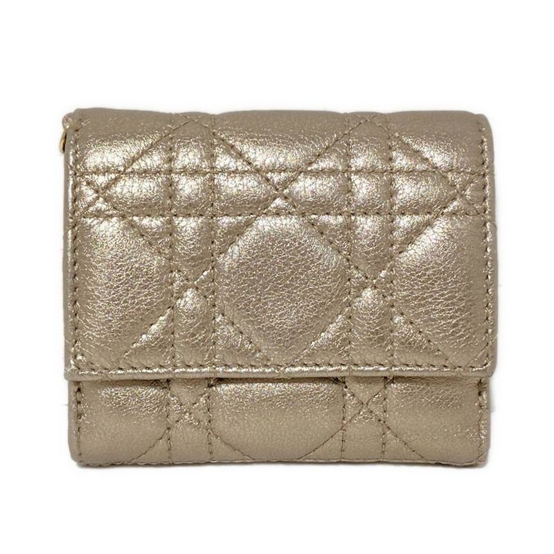 DIOR Christian Dior Lady Dior Gold Leather Trifold Wallet