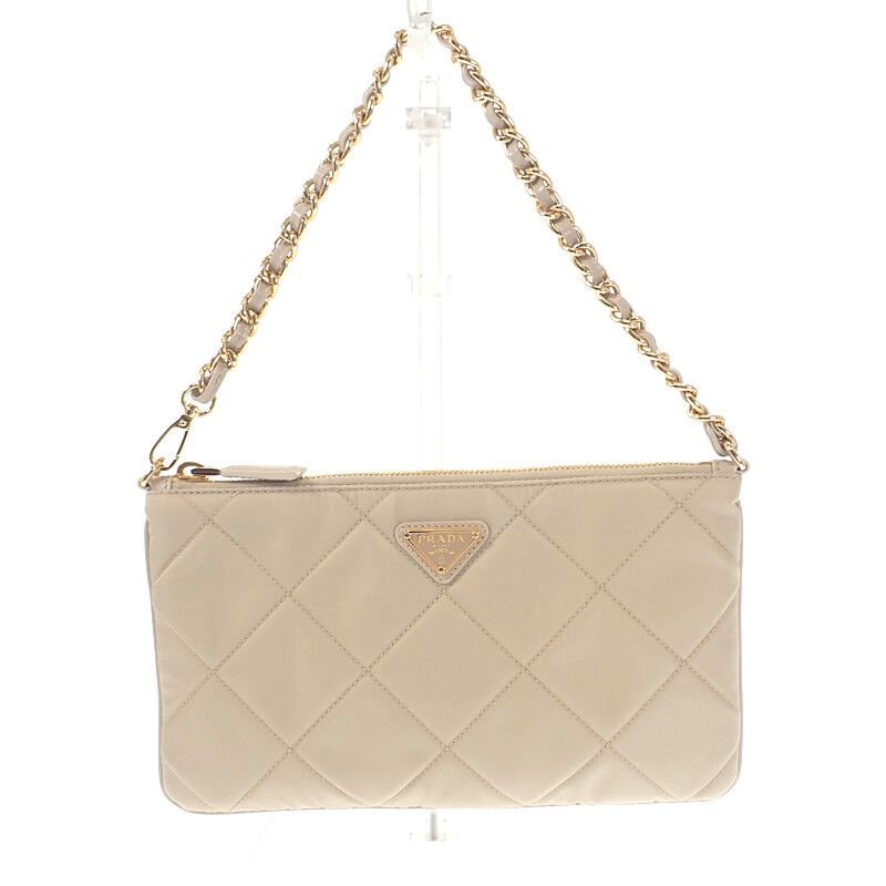 Prada Chain Shoulder Bag 1ni054 Handbag Tessuto Impunto Nylon Leather Beige