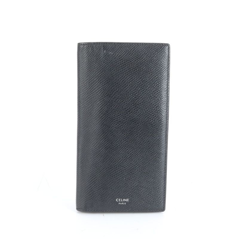 Celine Leather Long Wallet Fold Long Wallet Black Billfold Genuine Leather
