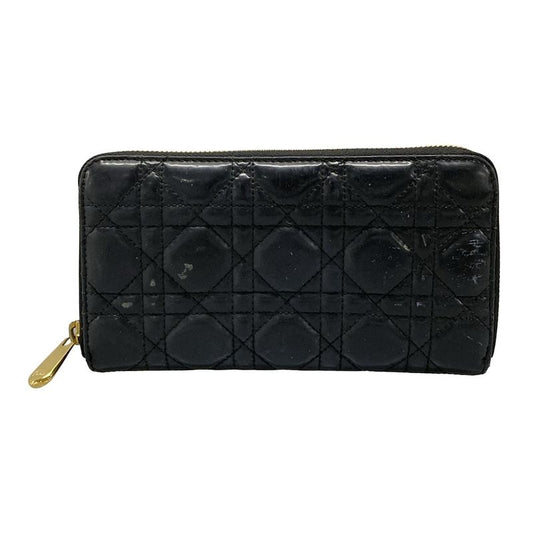 DIOR Christian Dior Long Wallet Canage Stitch Black Round Zipper Leather