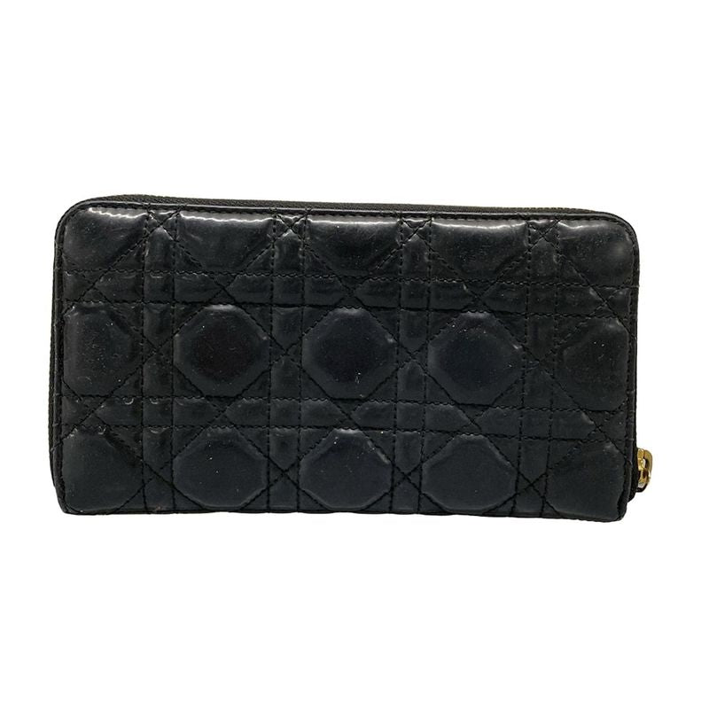 DIOR Christian Dior Long Wallet Canage Stitch Black Round Zipper Leather