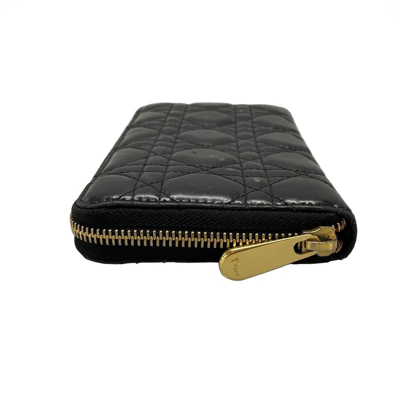 DIOR Christian Dior Long Wallet Canage Stitch Black Round Zipper Leather