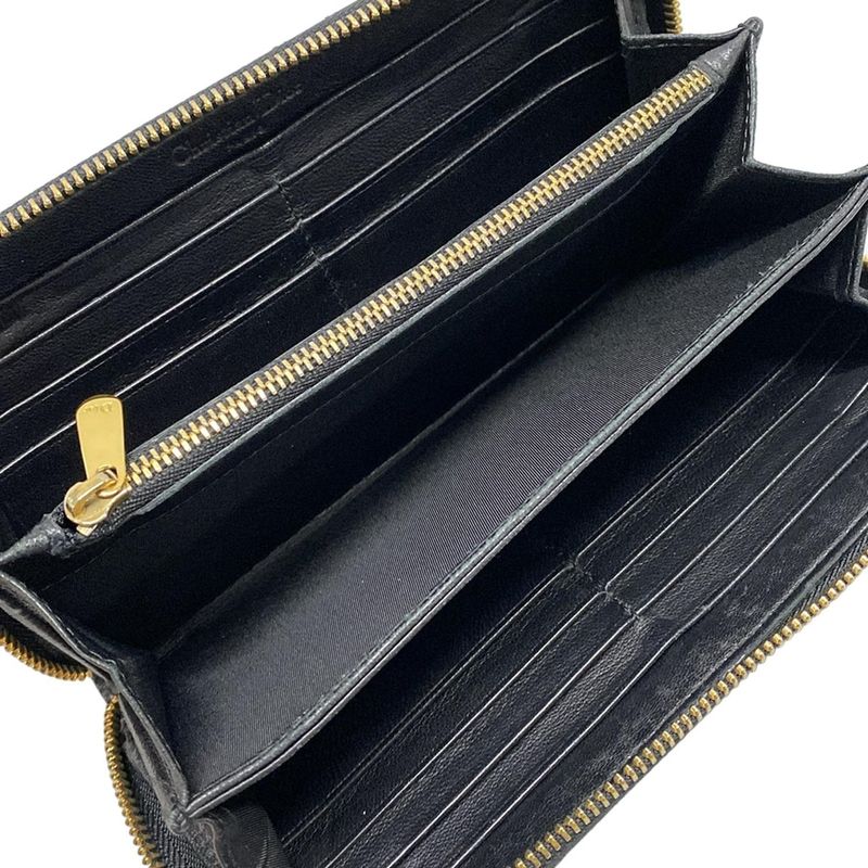 DIOR Christian Dior Long Wallet Canage Stitch Black Round Zipper Leather