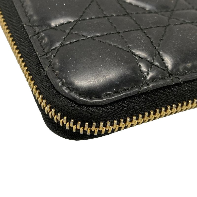DIOR Christian Dior Long Wallet Canage Stitch Black Round Zipper Leather