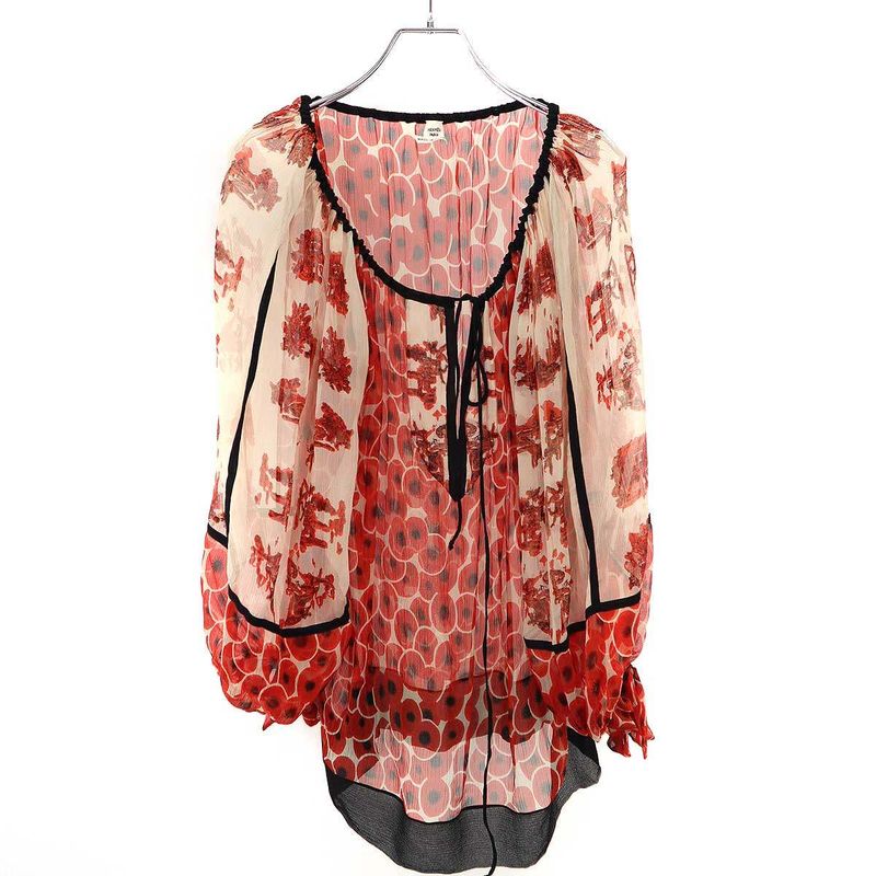 Hermes Flower Gathered Silk Sheer Blouse Red 40