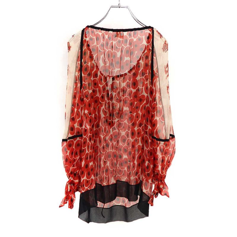 Hermes Flower Gathered Silk Sheer Blouse Red 40