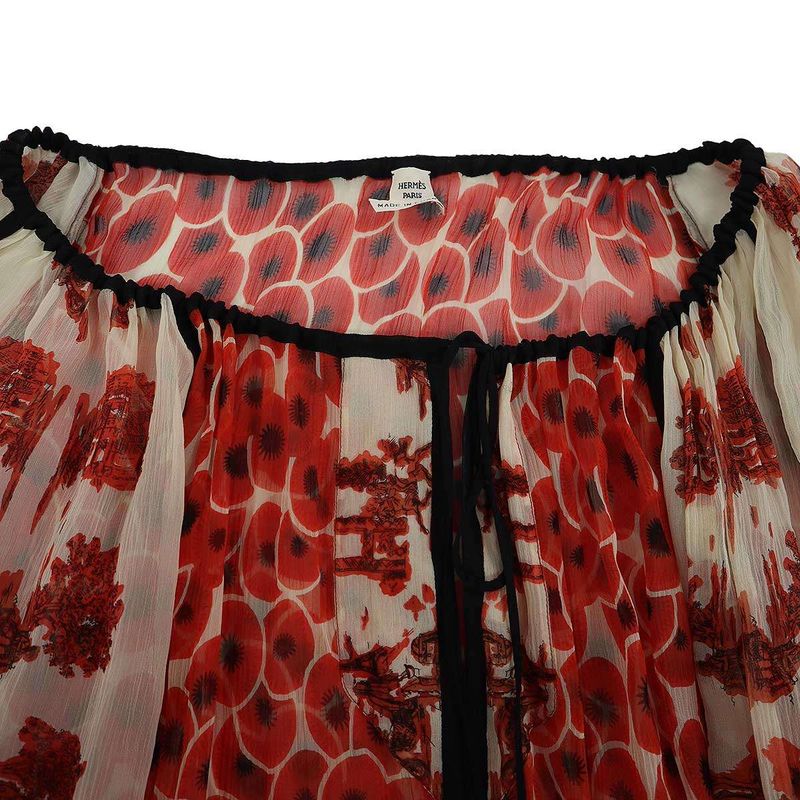 Hermes Flower Gathered Silk Sheer Blouse Red 40