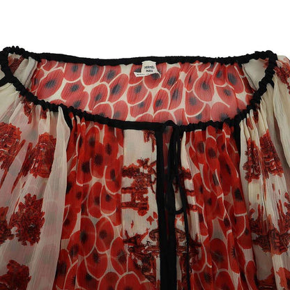 Hermes Flower Gathered Silk Sheer Blouse Red 40
