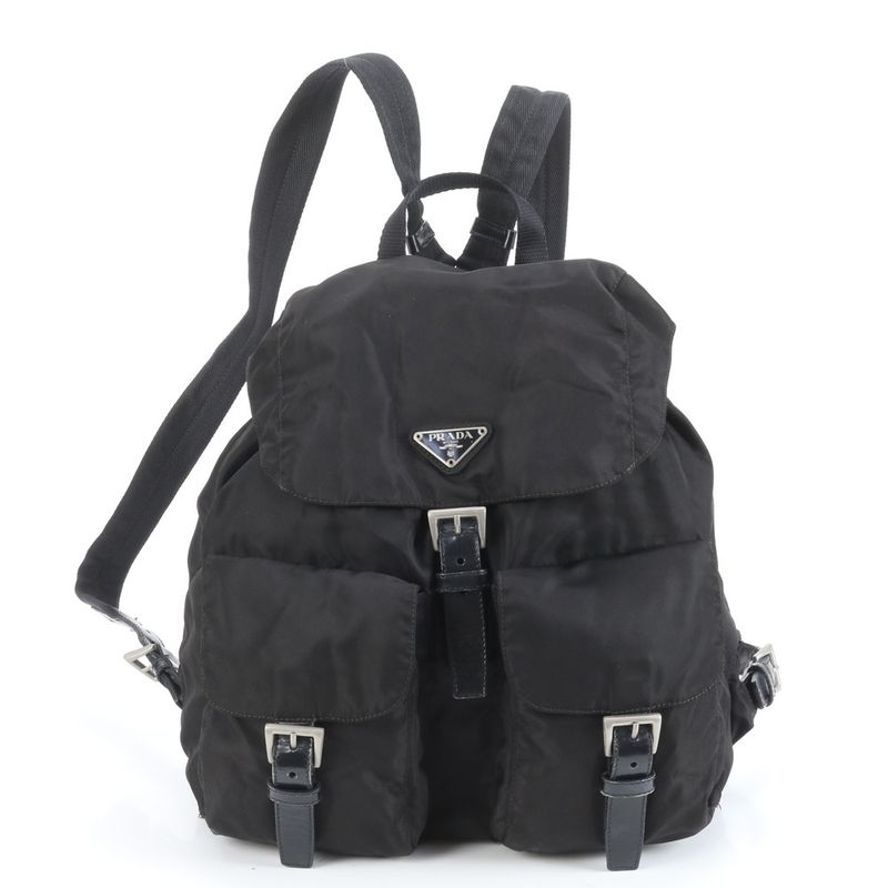 Prada Tessuto Nylon Triangle Logo Leather Handbag Backpack Black Women RUE Db9-1
