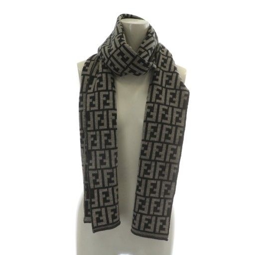 Fendi Scarf Shawl Wool Zucca Pattern Total 50 Black Gray XZ - OH - GY18