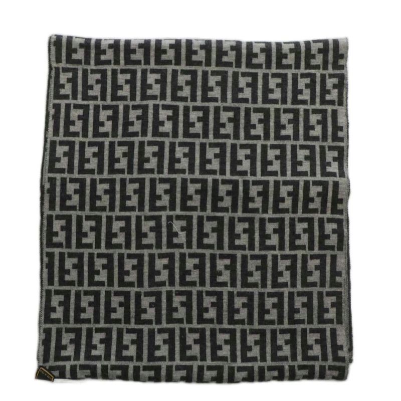 Fendi Scarf Shawl Wool Zucca Pattern Total 50 Black Gray XZ - OH - GY18