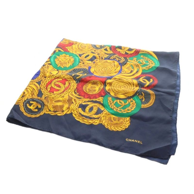 Chanel Large Scarf Shawl Silk Logo Coco Mark Chain All Over Multicolor - GY35