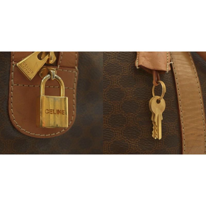 Celine Boston Bag Travel Purse PVC Leather Macadam Pattern Total Logo Brown XZ