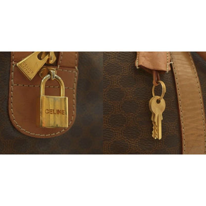 Celine Boston Bag Travel Purse PVC Leather Macadam Pattern Total Logo Brown XZ