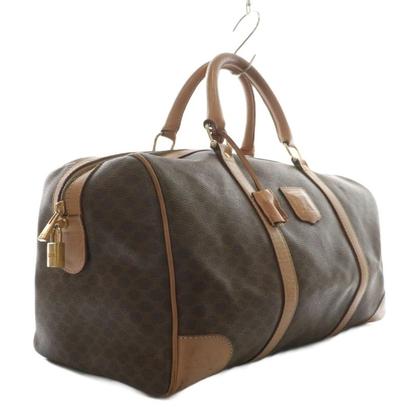 Celine Boston Bag Travel Purse PVC Leather Macadam Pattern Total Logo Brown XZ