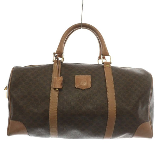 Celine Boston Bag Travel Purse PVC Leather Macadam Pattern Total Logo Brown XZ