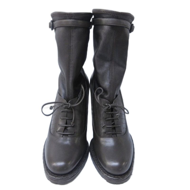 Bottega Veneta Intrecciato Short Boots Wedge Sole Leather Stitching Lace Up 36