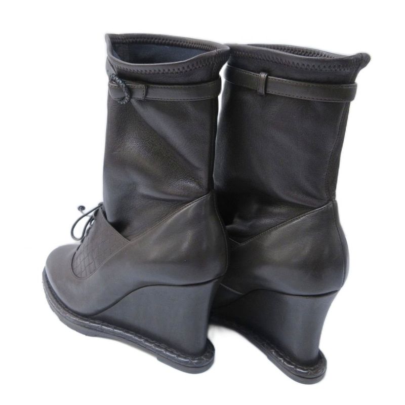 Bottega Veneta Intrecciato Short Boots Wedge Sole Leather Stitching Lace Up 36