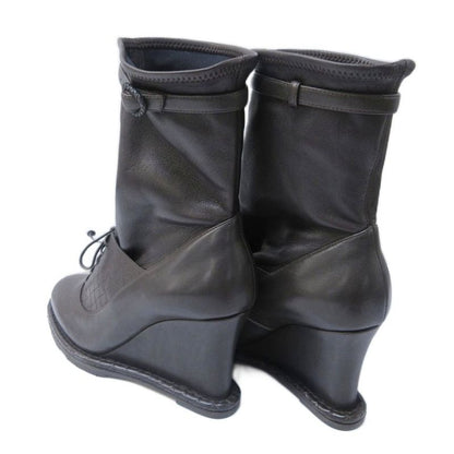 Bottega Veneta Intrecciato Short Boots Wedge Sole Leather Stitching Lace Up 36
