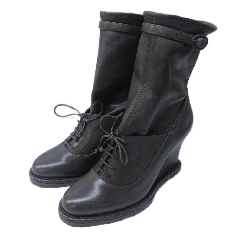 Bottega Veneta Intrecciato Short Boots Wedge Sole Leather Stitching Lace Up 36