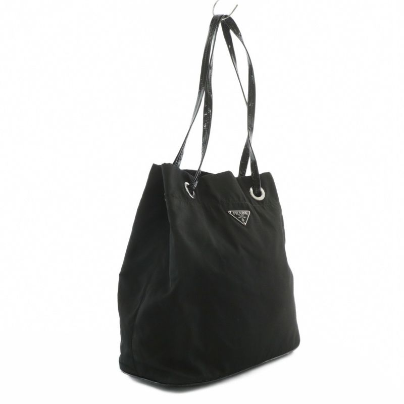 Prada Tote Bag Shoulder Drawstring Tessuto Nylon Leather Enamel Triangle Plate