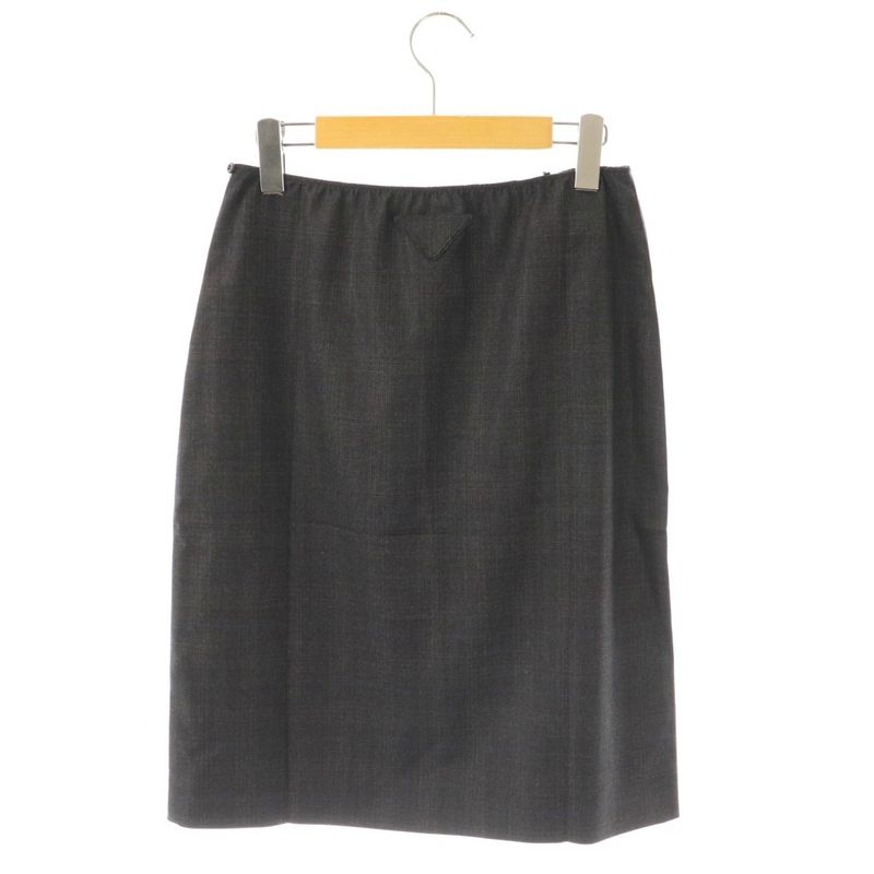 Prada 24 Wool Skirt Tight Knee Length Check 38S Dark Grey Off White Navy P179y