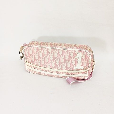 Christian DIOR Shoulder Bag Crossbody Diagonal Trotter Pink White AA