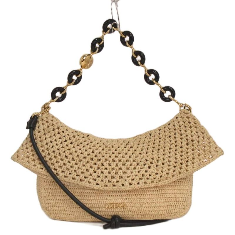 Loewe OLA Medium Summer Bag Shoulder Hand 2WAY Donut Chain Raffia & Calf Beige