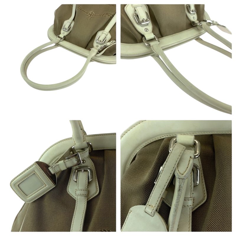 Prada Logo Jacquard Brown White Canvas Handbag Tote Shoulder Bag Women 506303