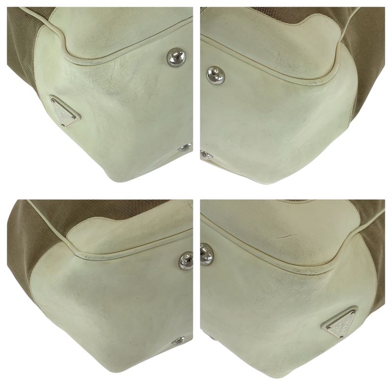 Prada Logo Jacquard Brown White Canvas Handbag Tote Shoulder Bag Women 506303