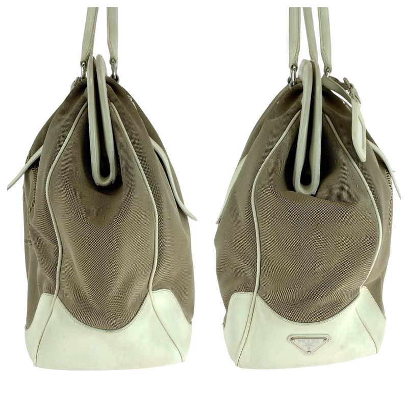 Prada Logo Jacquard Brown White Canvas Handbag Tote Shoulder Bag Women 506303