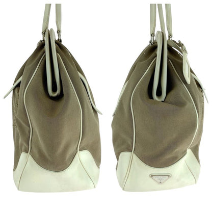 Prada Logo Jacquard Brown White Canvas Handbag Tote Shoulder Bag Women 506303