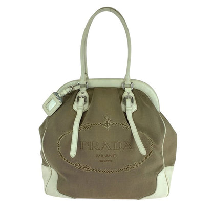 Prada Logo Jacquard Brown White Canvas Handbag Tote Shoulder Bag Women 506303
