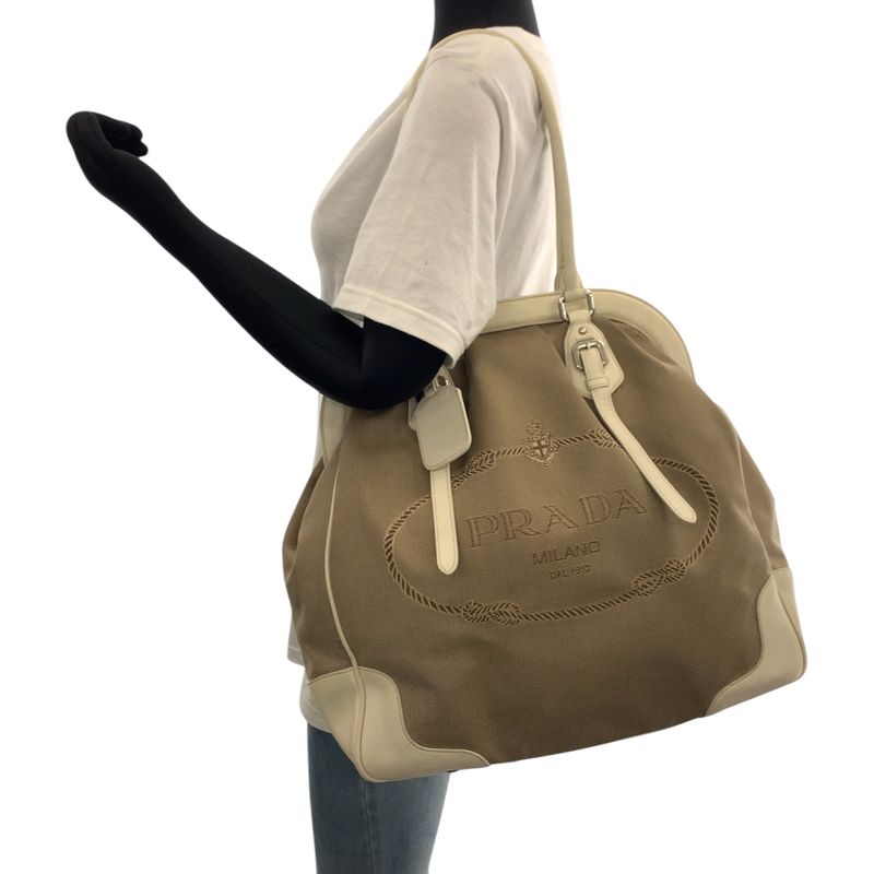 Prada Logo Jacquard Brown White Canvas Handbag Tote Shoulder Bag Women 506303