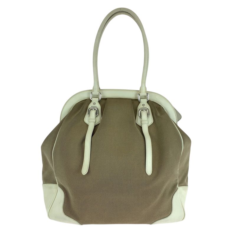 Prada Logo Jacquard Brown White Canvas Handbag Tote Shoulder Bag Women 506303