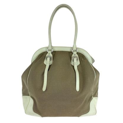 Prada Logo Jacquard Brown White Canvas Handbag Tote Shoulder Bag Women 506303