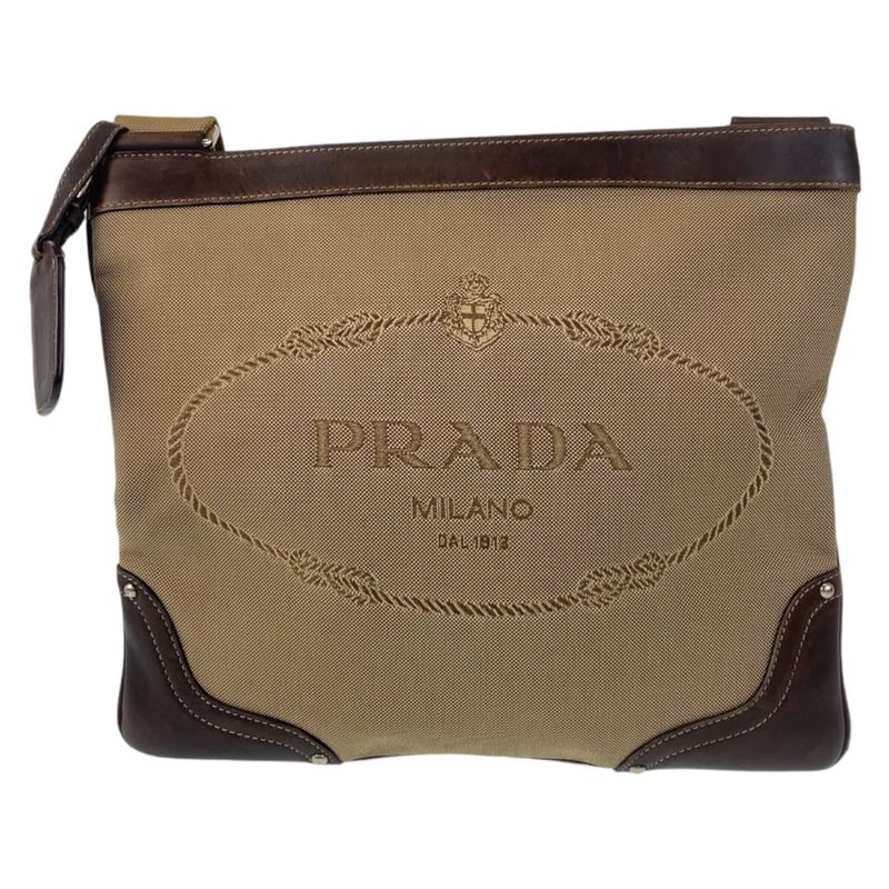 Prada Logo Jacquard Beige Brown Silver Hardware Canvas Shoulder Bag Messenger