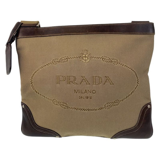 Prada Logo Jacquard Beige Brown Silver Hardware Canvas Shoulder Bag Messenger
