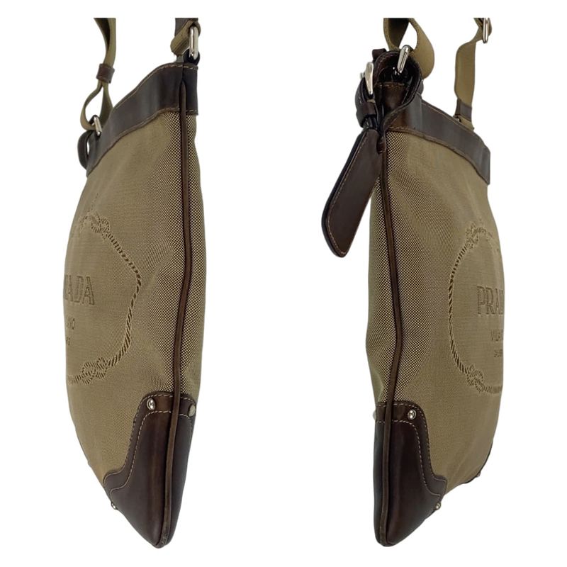 Prada Logo Jacquard Beige Brown Silver Hardware Canvas Shoulder Bag Messenger