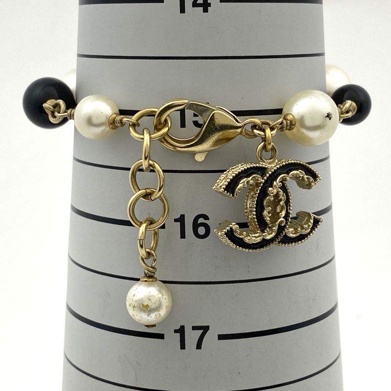 Chanel Coco Mark Faux Pearl Bracelet GP Gold Black Ladies