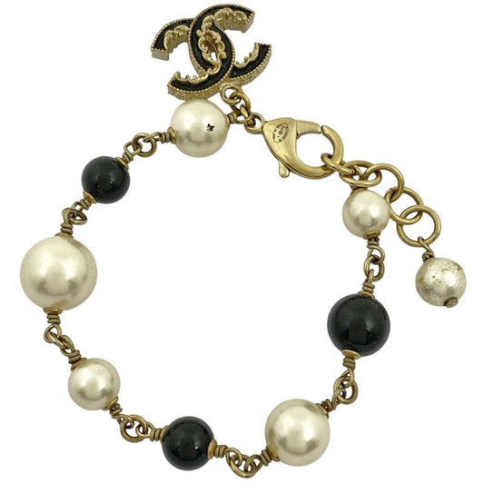 Chanel Coco Mark Faux Pearl Bracelet GP Gold Black Ladies