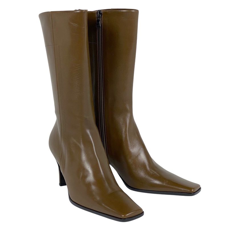 Prada Square Toe Boots High Heel Medium Shoes Boots Leather Brown Women's