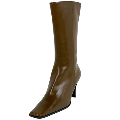 Prada Square Toe Boots High Heel Medium Shoes Boots Leather Brown Women's