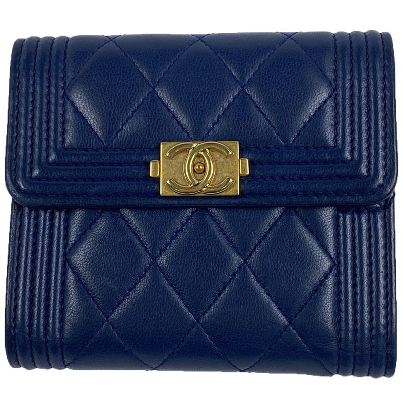 Chanel Boy Chanel Trifold Wallet Mini Wallet Trifold Leather Navy Women