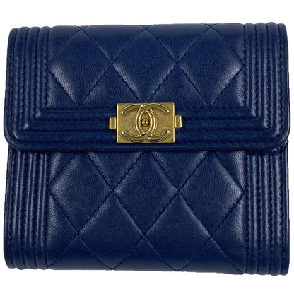 Chanel Boy Chanel Trifold Wallet Mini Wallet Trifold Leather Navy Women