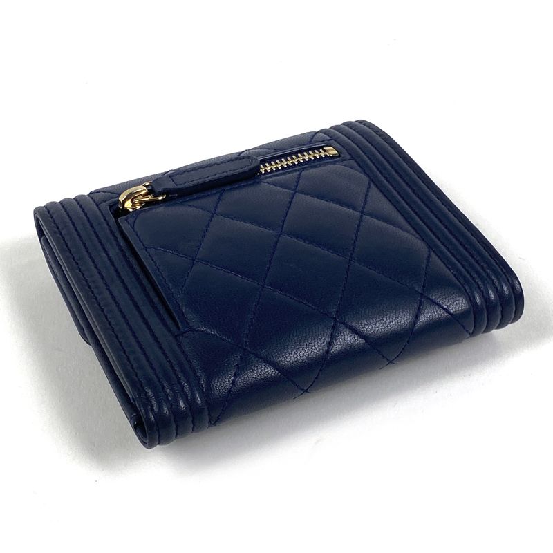 Chanel Boy Chanel Trifold Wallet Mini Wallet Trifold Leather Navy Women