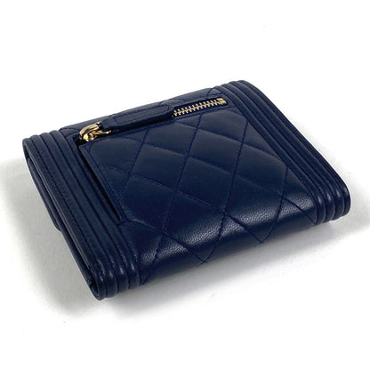 Chanel Boy Chanel Trifold Wallet Mini Wallet Trifold Leather Navy Women